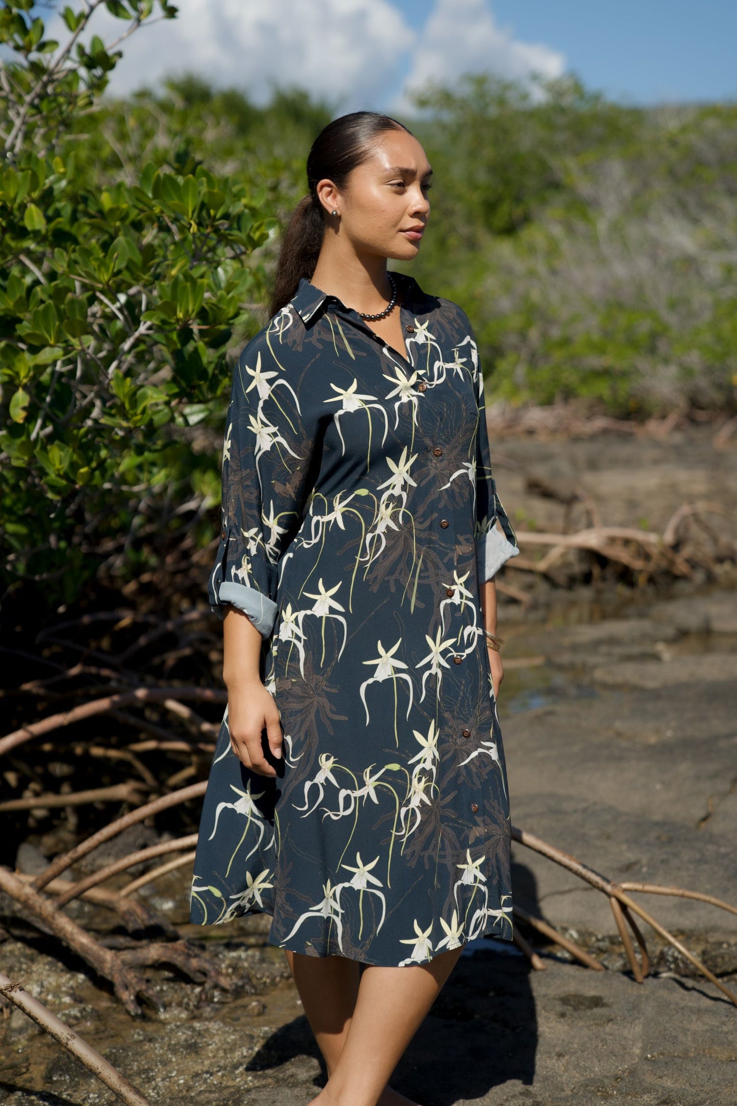 Ghost Orchid Navy Button Down Dress