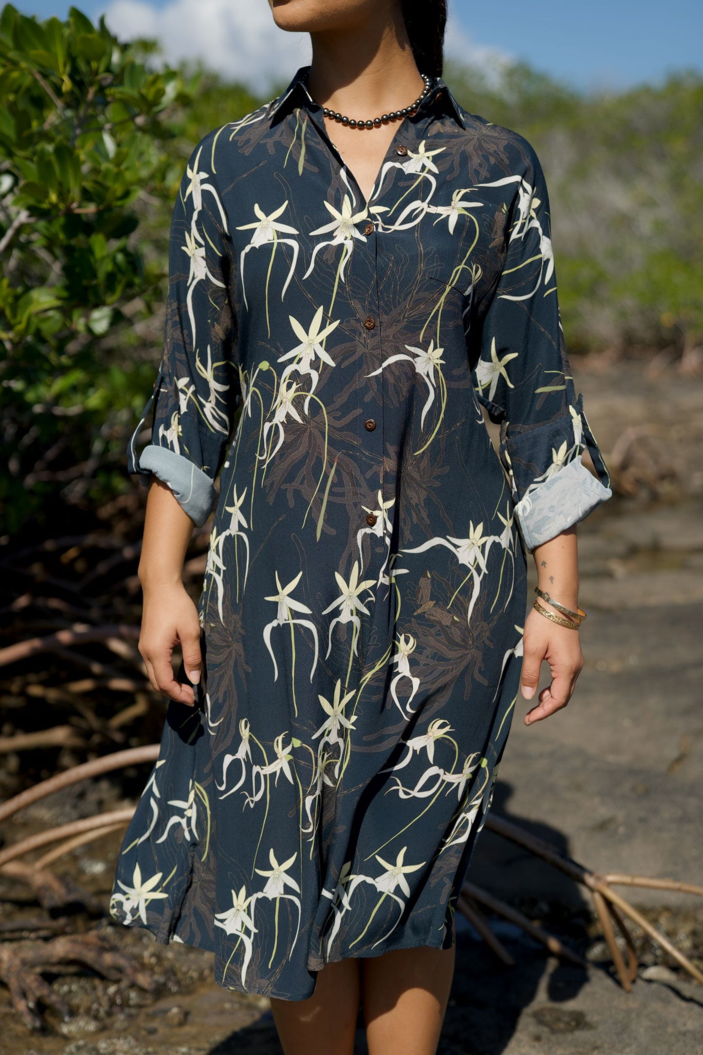 Ghost Orchid Navy Button Down Dress