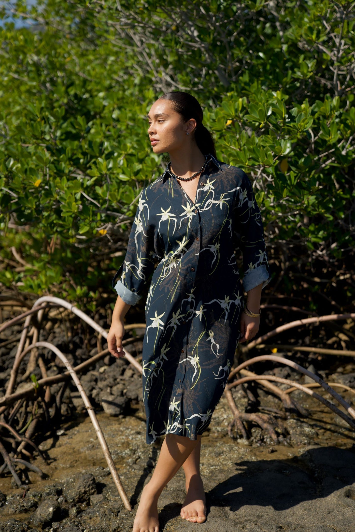 Ghost Orchid Navy Button Down Dress