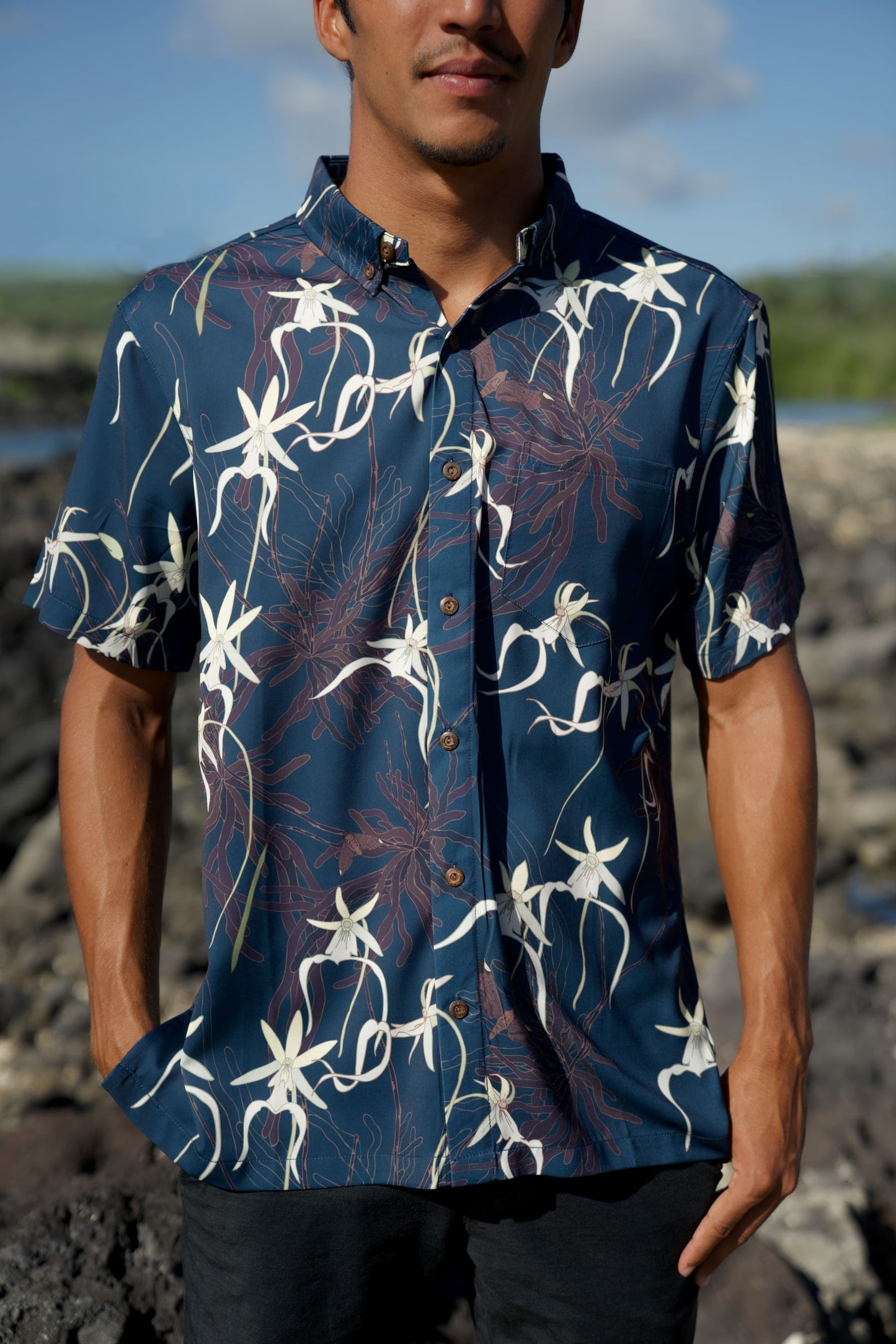 Ghost Orchid Navy Button Down Shirt