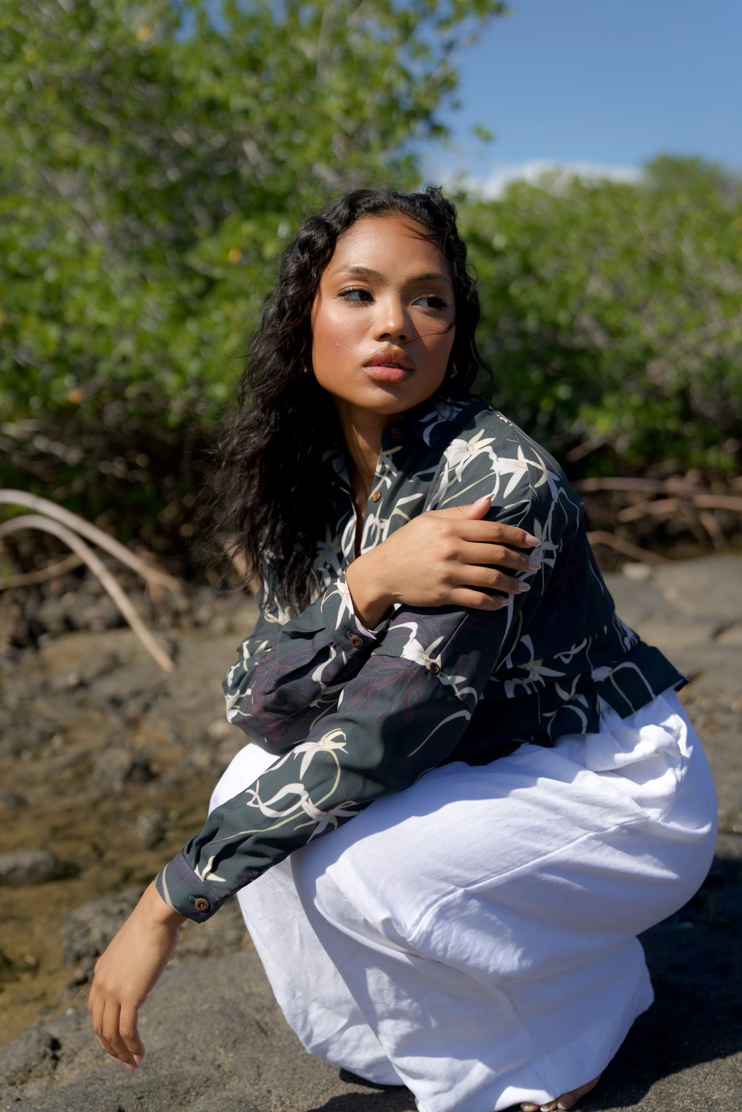 Ghost Orchid Dark Hunter Green Women's Long Sleeve Button Down Shirt