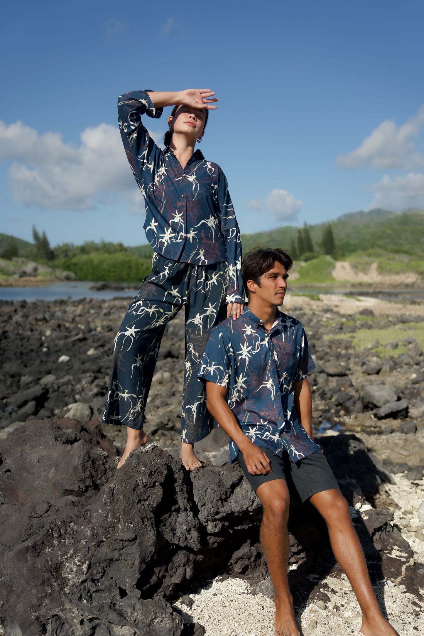 Ghost Orchid Navy Women's Long Sleeve Button Down Shirt