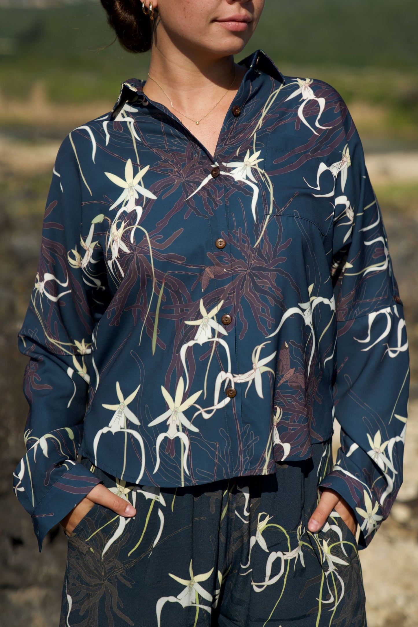 Ghost Orchid Navy Women's Long Sleeve Button Down Shirt