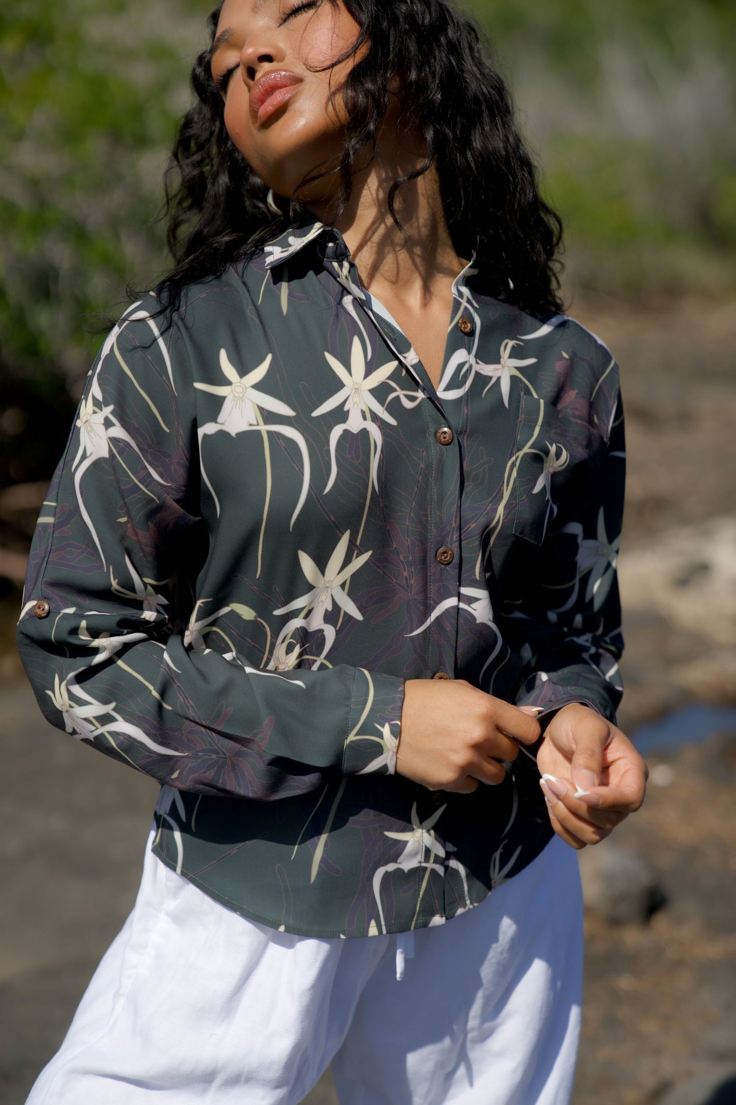 Ghost Orchid Dark Hunter Green Women's Long Sleeve Button Down Shirt