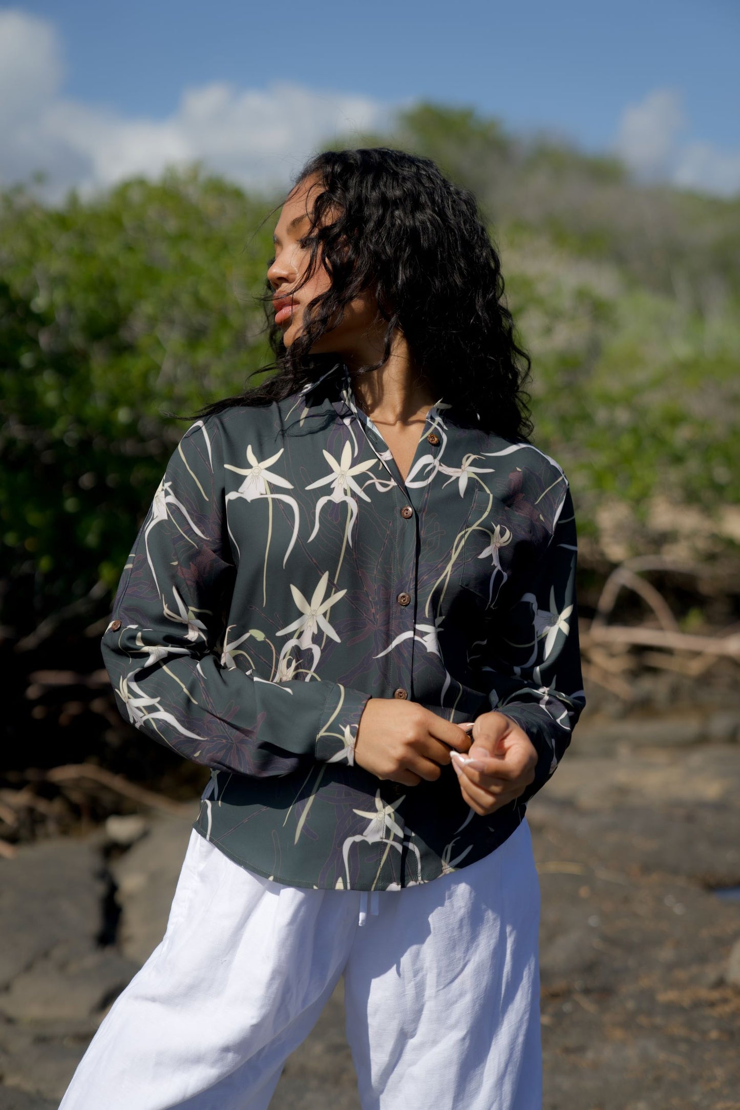 Ghost Orchid Dark Hunter Green Women's Long Sleeve Button Down Shirt