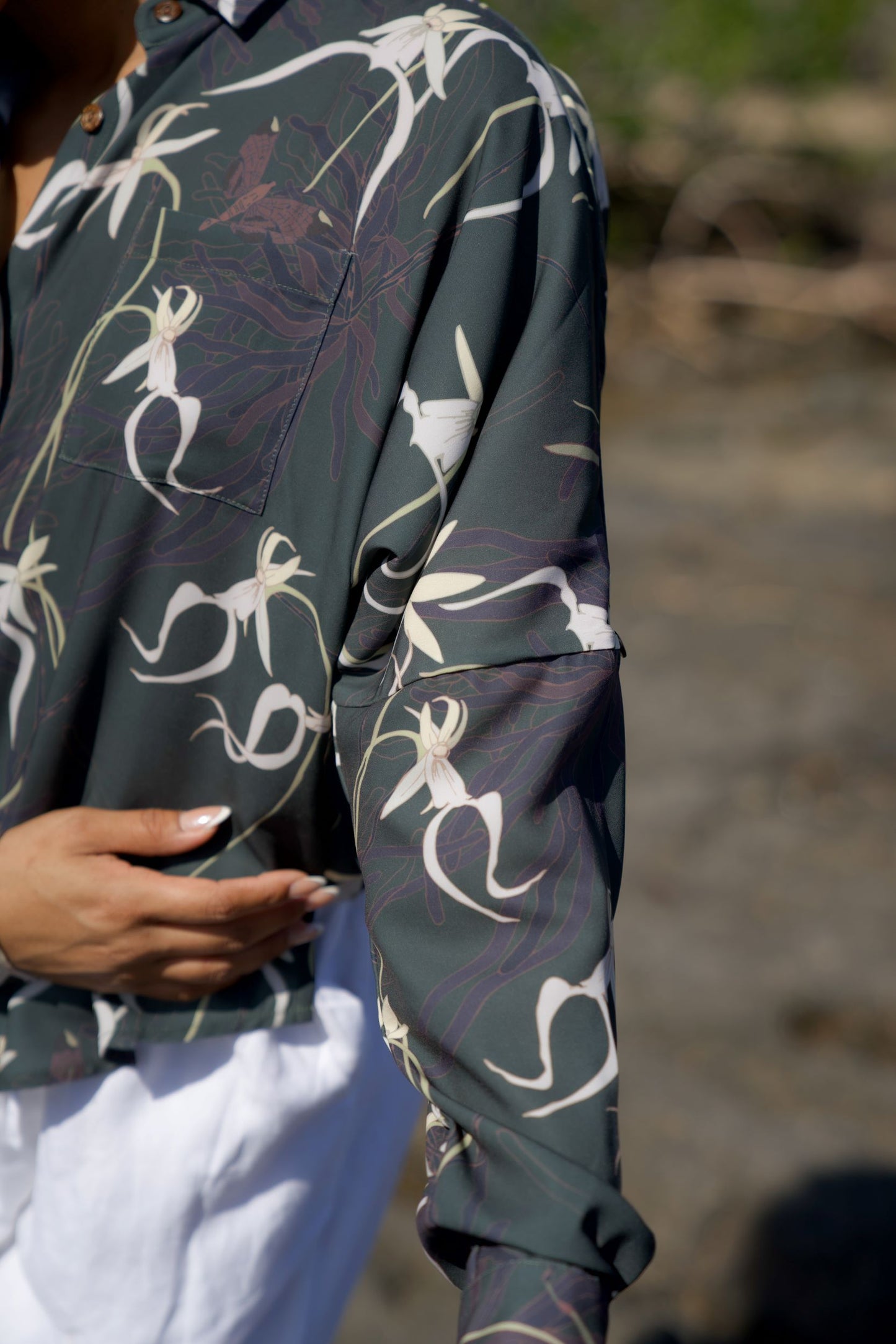 Ghost Orchid Dark Hunter Green Women's Long Sleeve Button Down Shirt