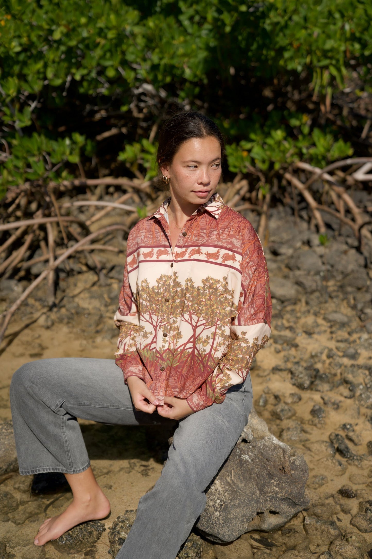 Crab & Mangrove Women's Long Sleeve Button Down Shirt